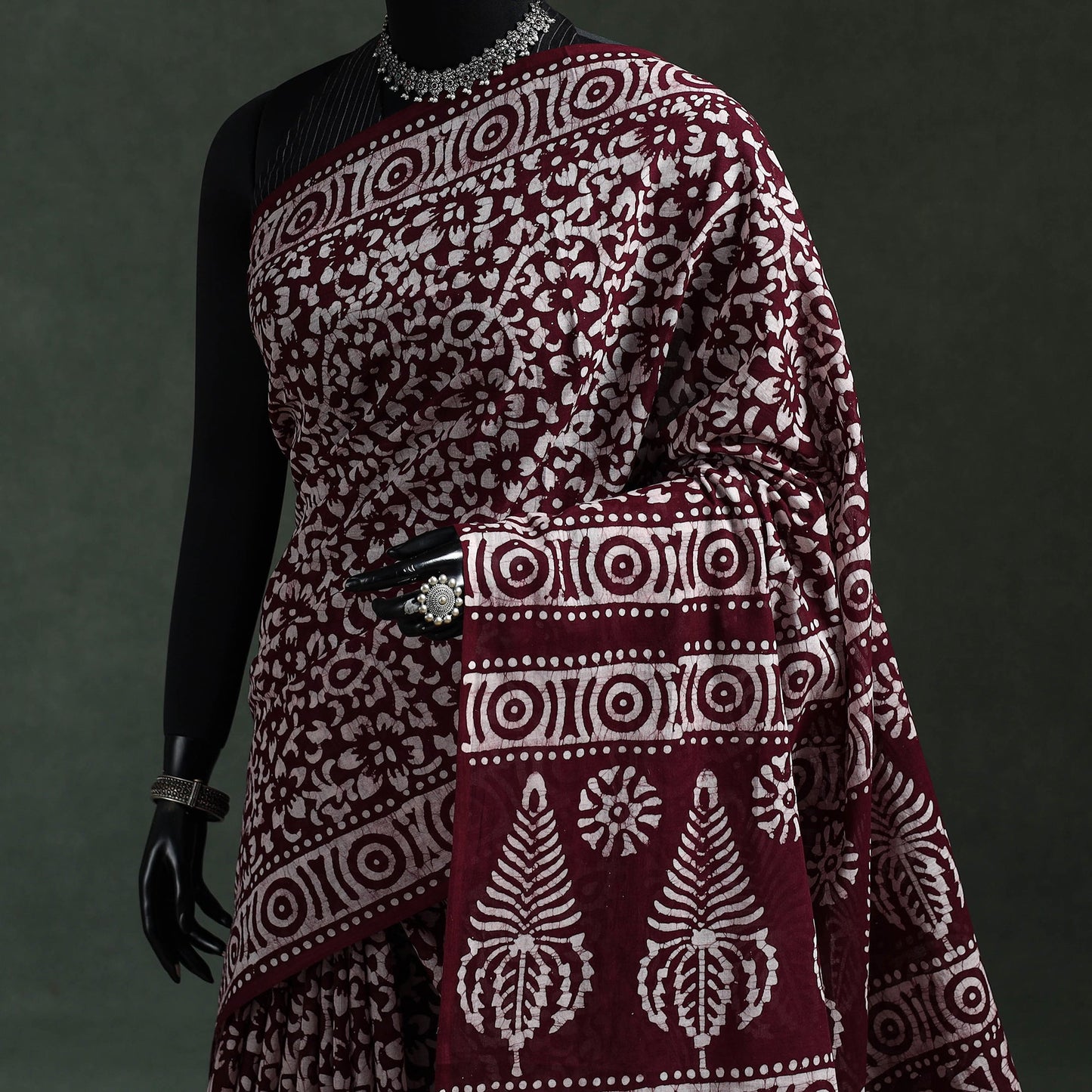 Maroon - pure mul cotton hand block batik print saree 27