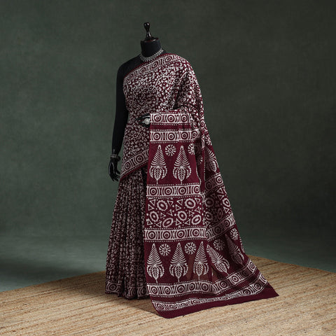 Maroon - pure mul cotton hand block batik print saree 27