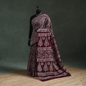 Maroon - pure mul cotton hand block batik print saree 27