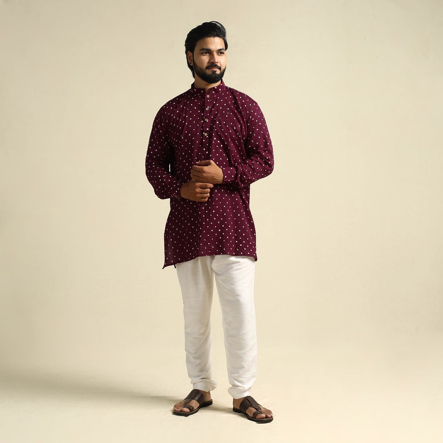 Buy Purple Tie-Dye Mul Cotton Short Bandhani Kurta for Men