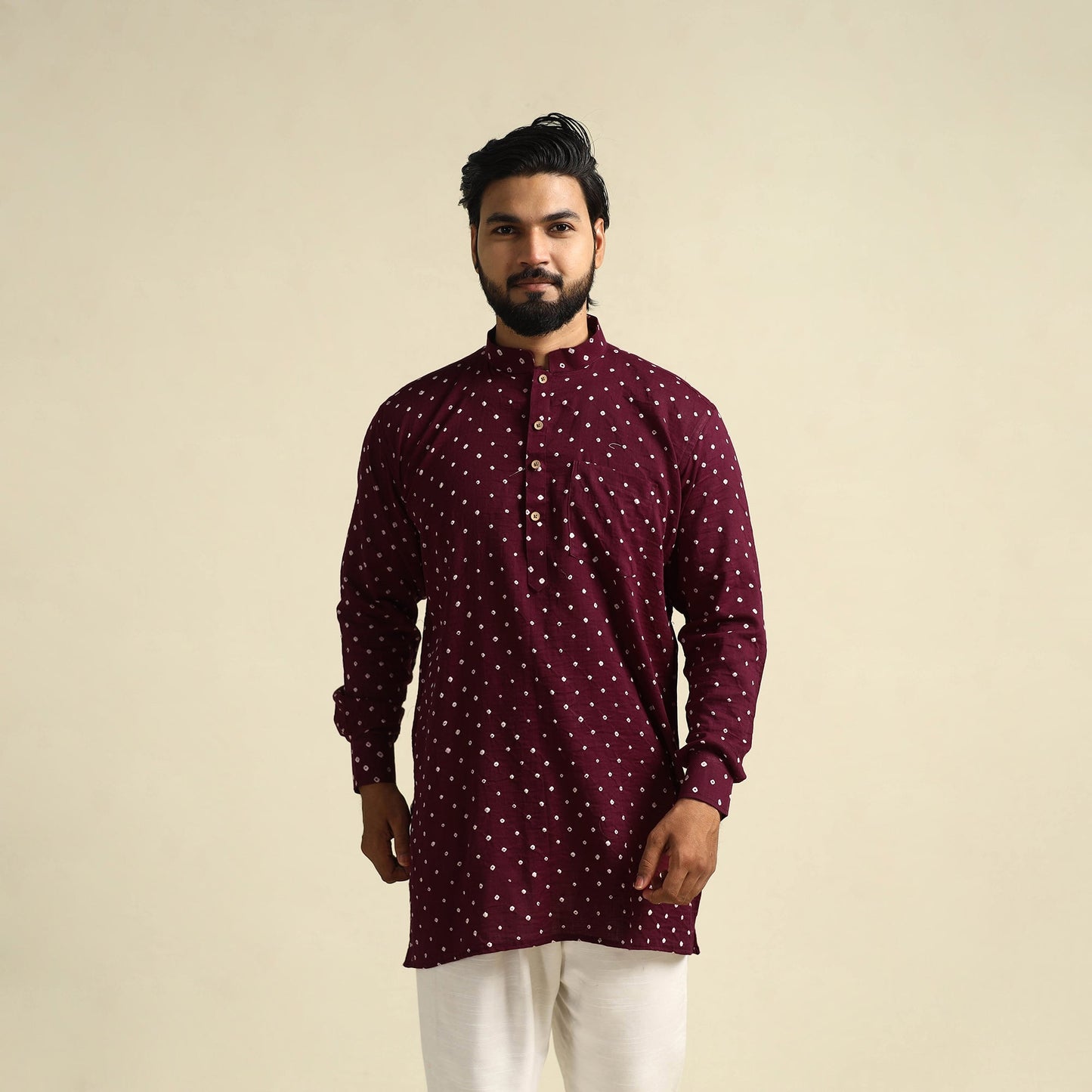 Buy Purple Tie-Dye Mul Cotton Short Bandhani Kurta for Men