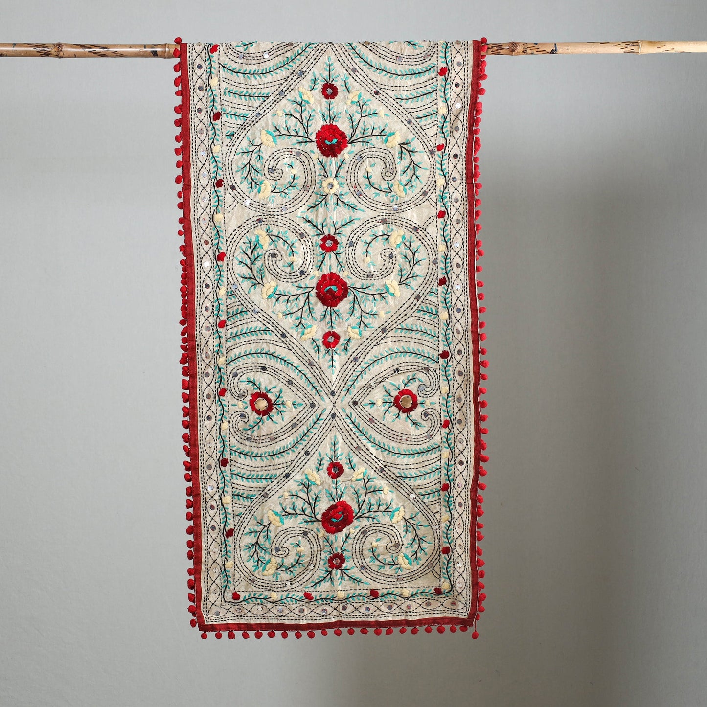 Maroon Ranihati Chapa Work Embroidery Chanderi Silk Stole with Pom Pom