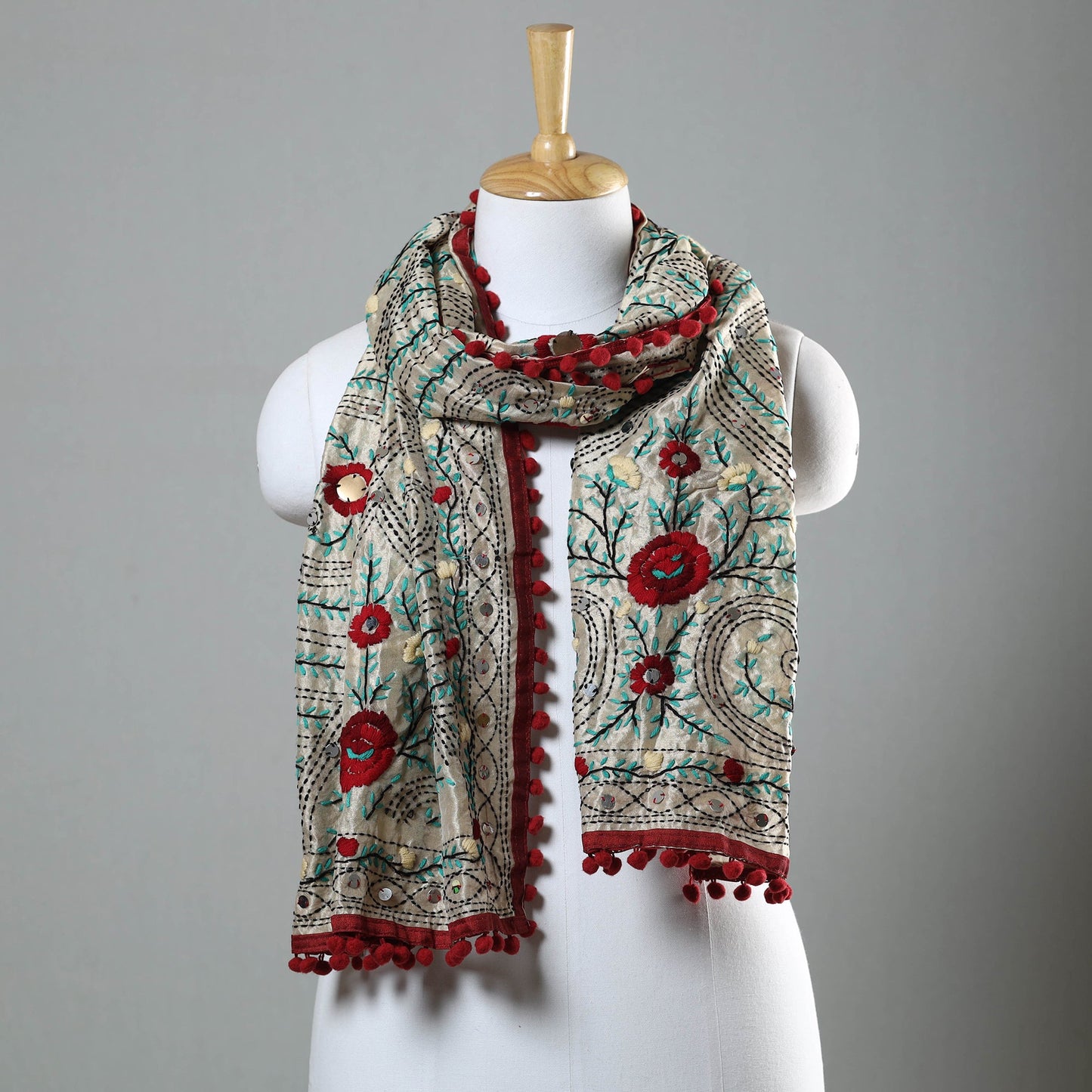 Maroon Ranihati Chapa Work Embroidery Chanderi Silk Stole with Pom Pom