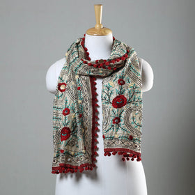 Maroon Ranihati Chapa Work Embroidery Chanderi Silk Stole with Pom Pom