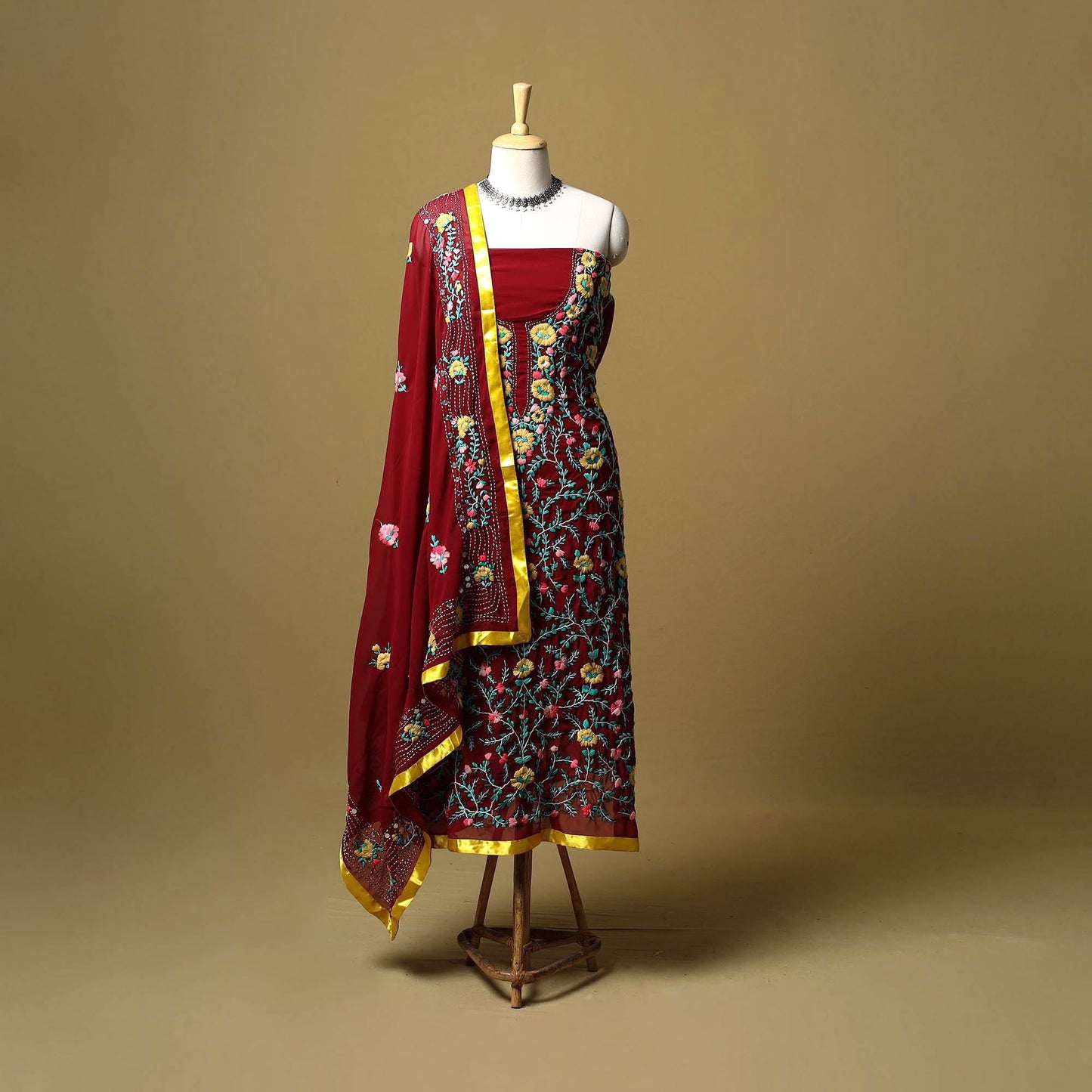 Maroon - ranihati chapa work hand embroidery georgette 3pc