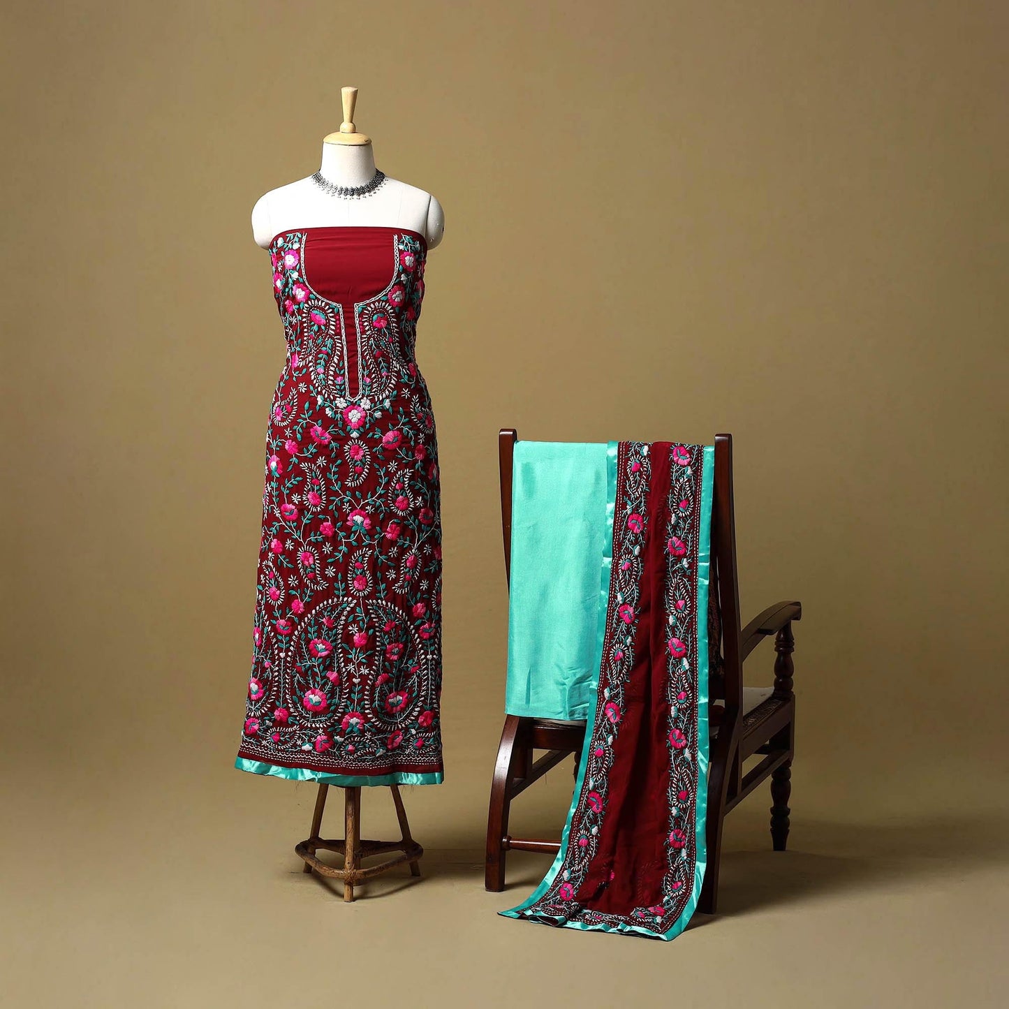 Maroon - ranihati chapa work hand embroidery georgette 3pc