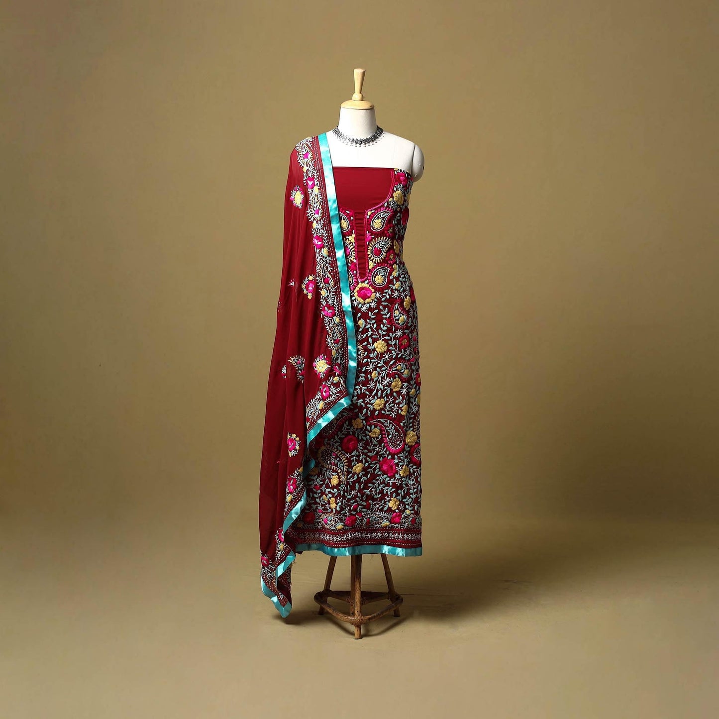 Maroon - ranihati chapa work hand embroidery georgette 3pc