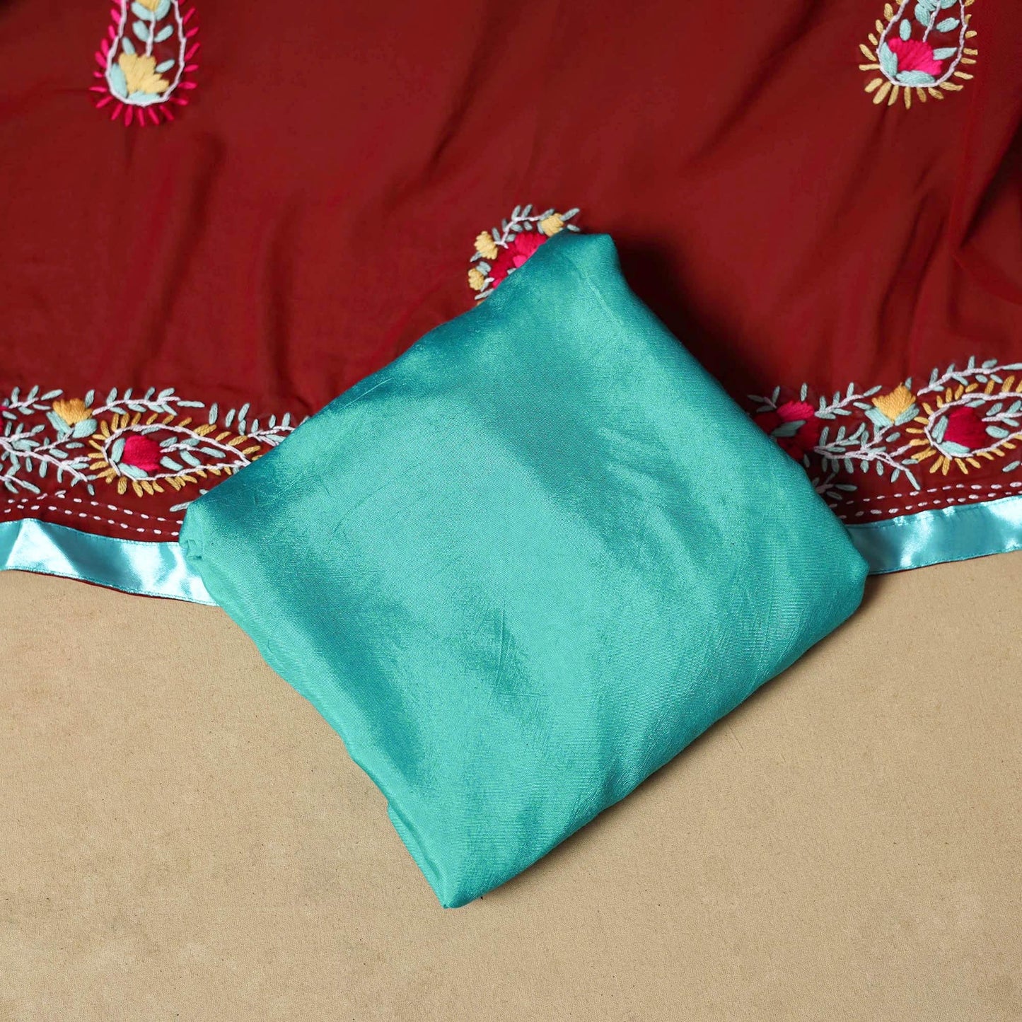 Maroon - ranihati chapa work hand embroidery georgette 3pc