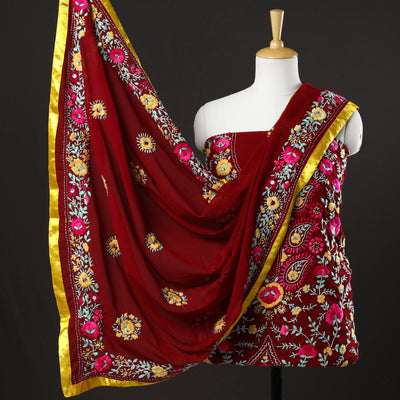  3pc Phulkari Embroidery Chapa Work Georgette Suit Material Set 01 