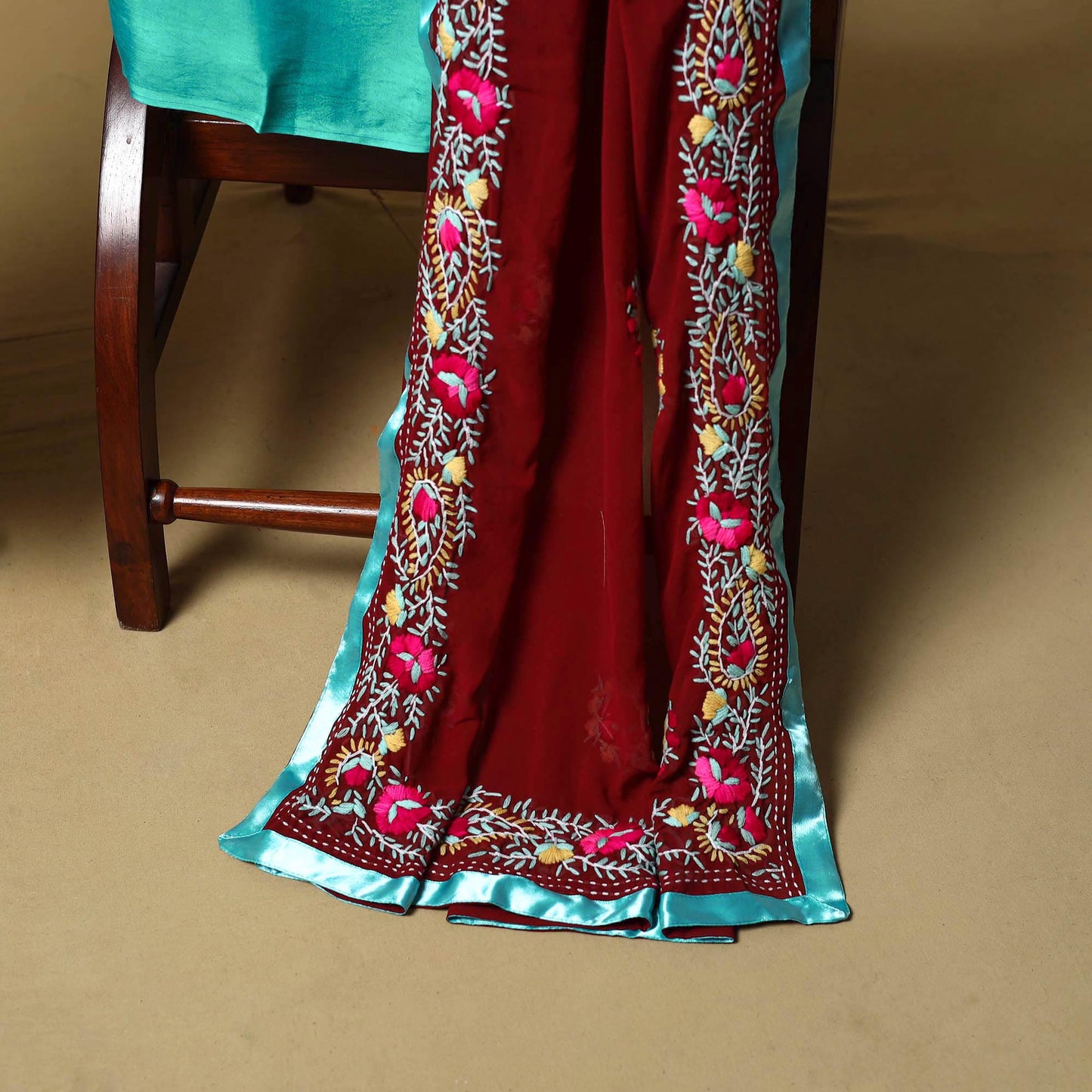 Maroon - ranihati chapa work hand embroidery georgette 3pc