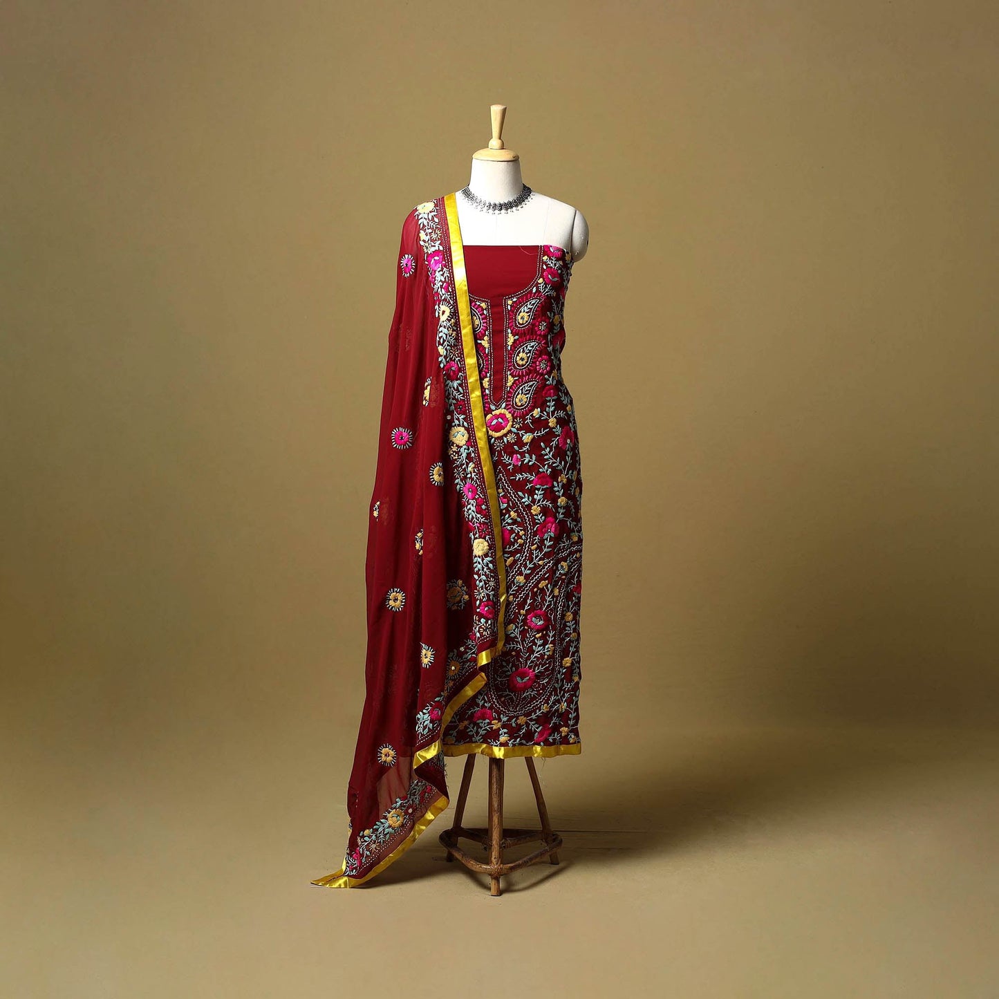 Maroon - ranihati chapa work hand embroidery georgette 3pc