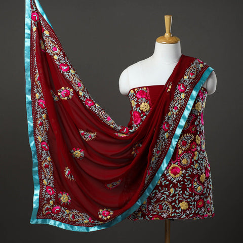 Maroon 3pc Hand Embroidery Georgette Phulkari Dress Material