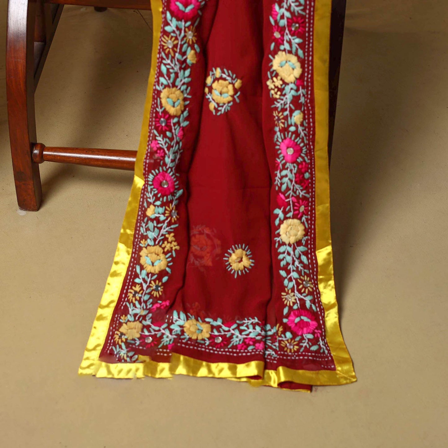 Maroon - ranihati chapa work hand embroidery georgette 3pc