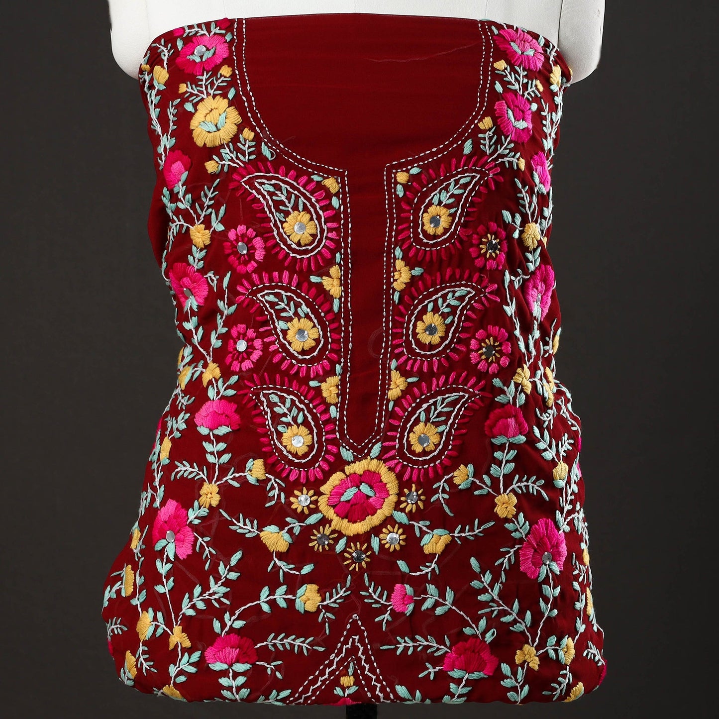  3pc Phulkari Embroidery Chapa Work Georgette Suit Material Set 01 