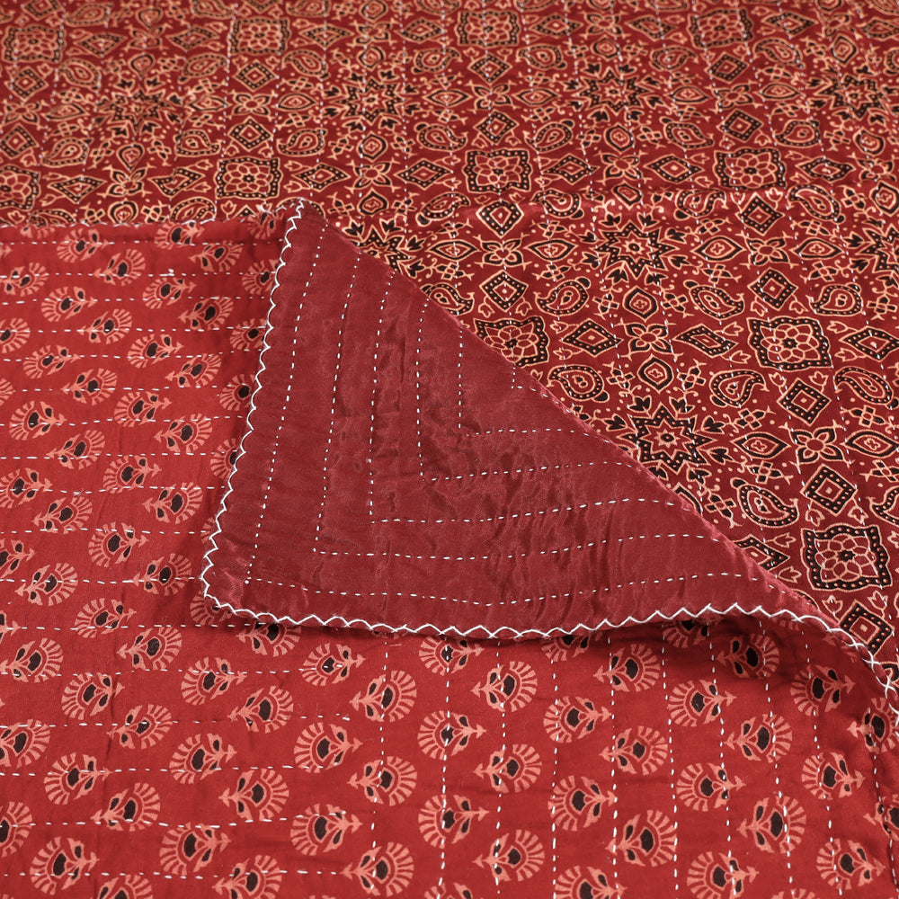  Reversible Ajrakh Patch & Tagai Work Mashru Silk Single Bed Cover / Quilt 