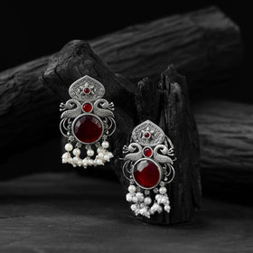 Maroon - saanjh bela flower & peacock oxidised earrings