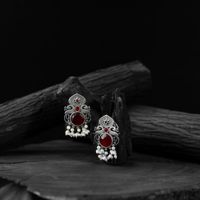 Maroon - saanjh bela flower & peacock oxidised earrings