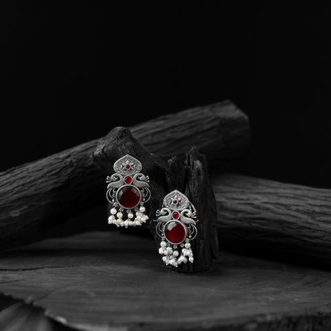 Maroon - saanjh bela flower & peacock oxidised earrings