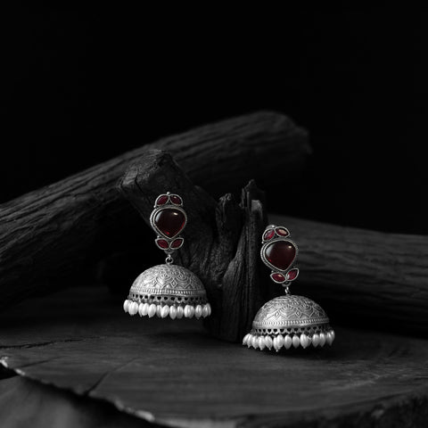 Maroon - saanjh bela leaves oxidised jhumka earrings
