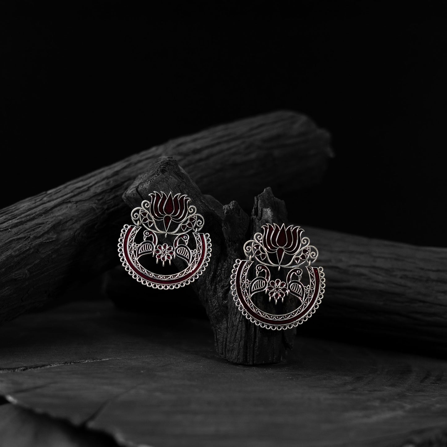 Maroon - saanjh bela lotus oxidised earrings - handcrafted