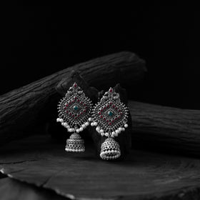 Maroon - saanjh bela mayur oxidised jhumka earrings