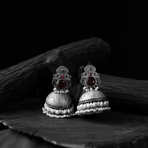 Maroon - saanjh bela mayuri oxidised jhumka earrings