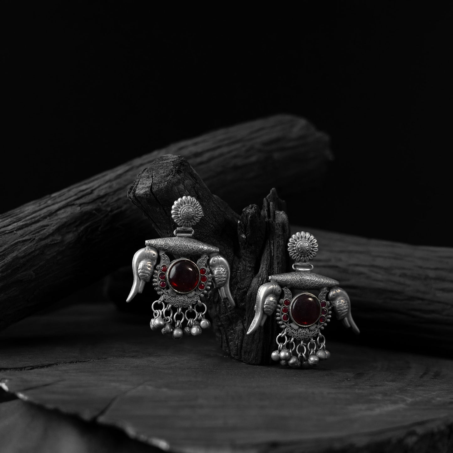 Maroon - saanjh bela parrot & bloom oxidised earrings