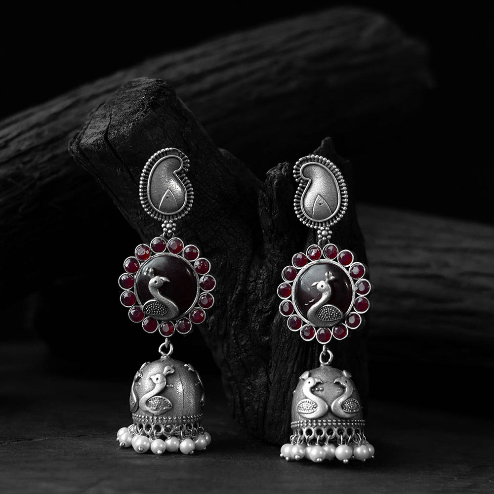 Maroon - saanjh bela peacock & paisley oxidised jhumka