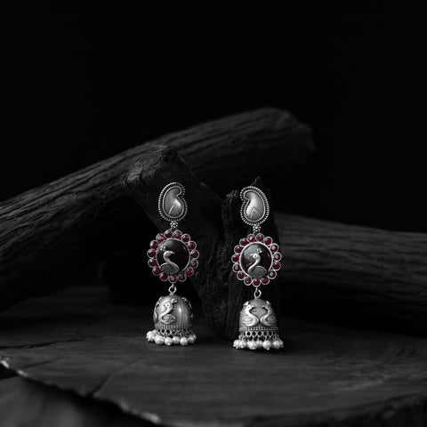 Maroon - saanjh bela peacock & paisley oxidised jhumka