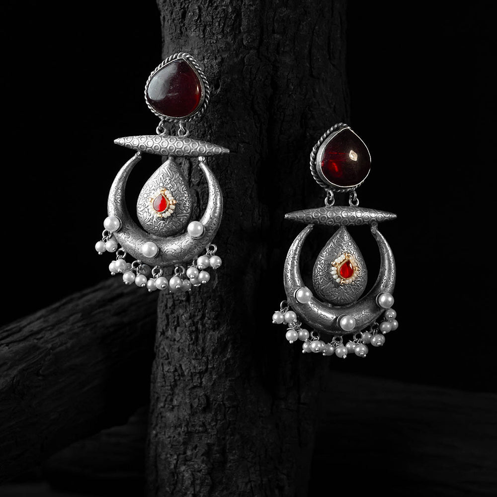 Maroon - saanjh bela stone chandbali oxidised earrings