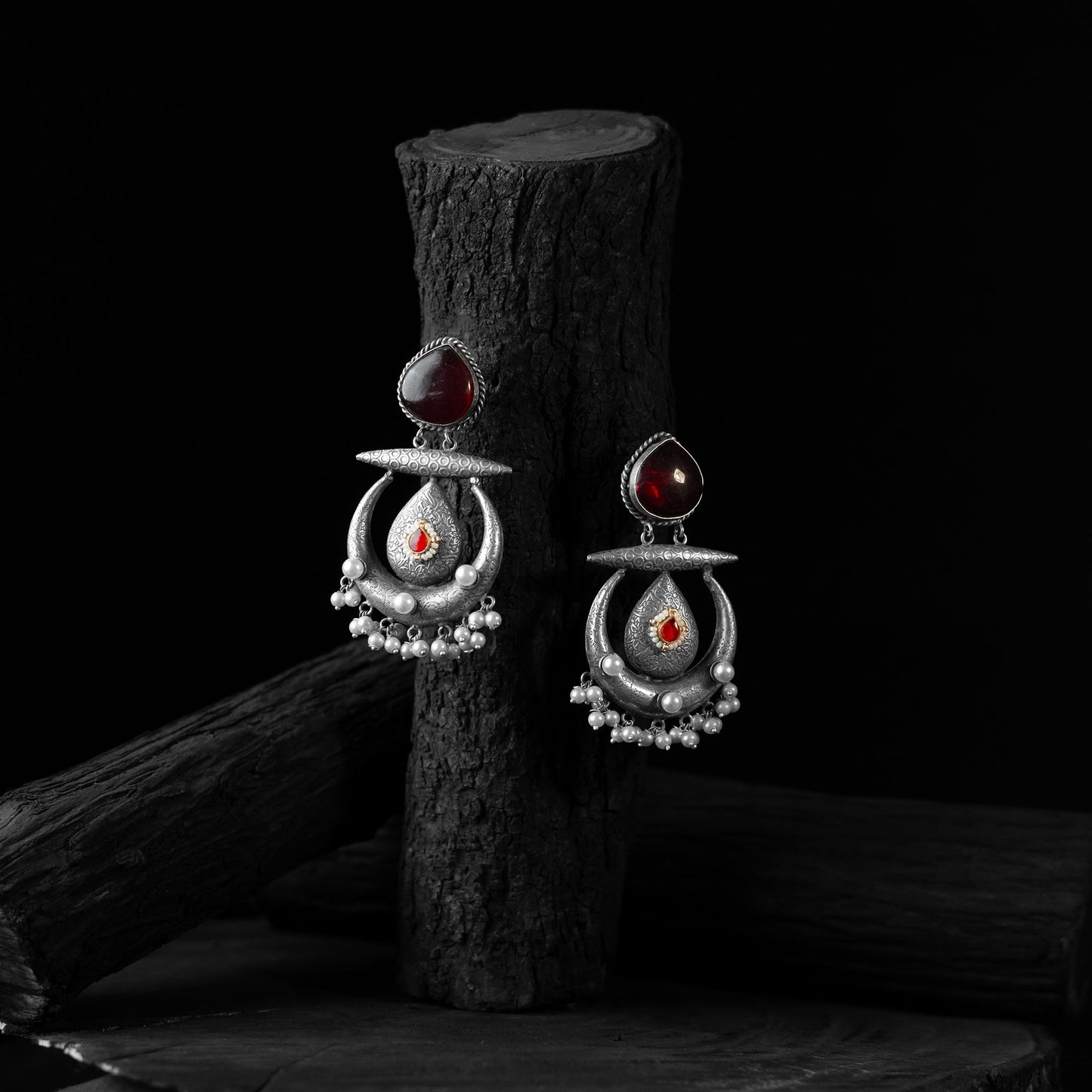 Maroon - saanjh bela stone chandbali oxidised earrings