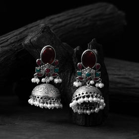 Maroon - saanjh bela stone oxidised jhumka earrings