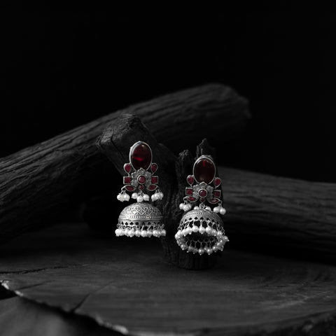 Maroon - saanjh bela stone oxidised jhumka earrings