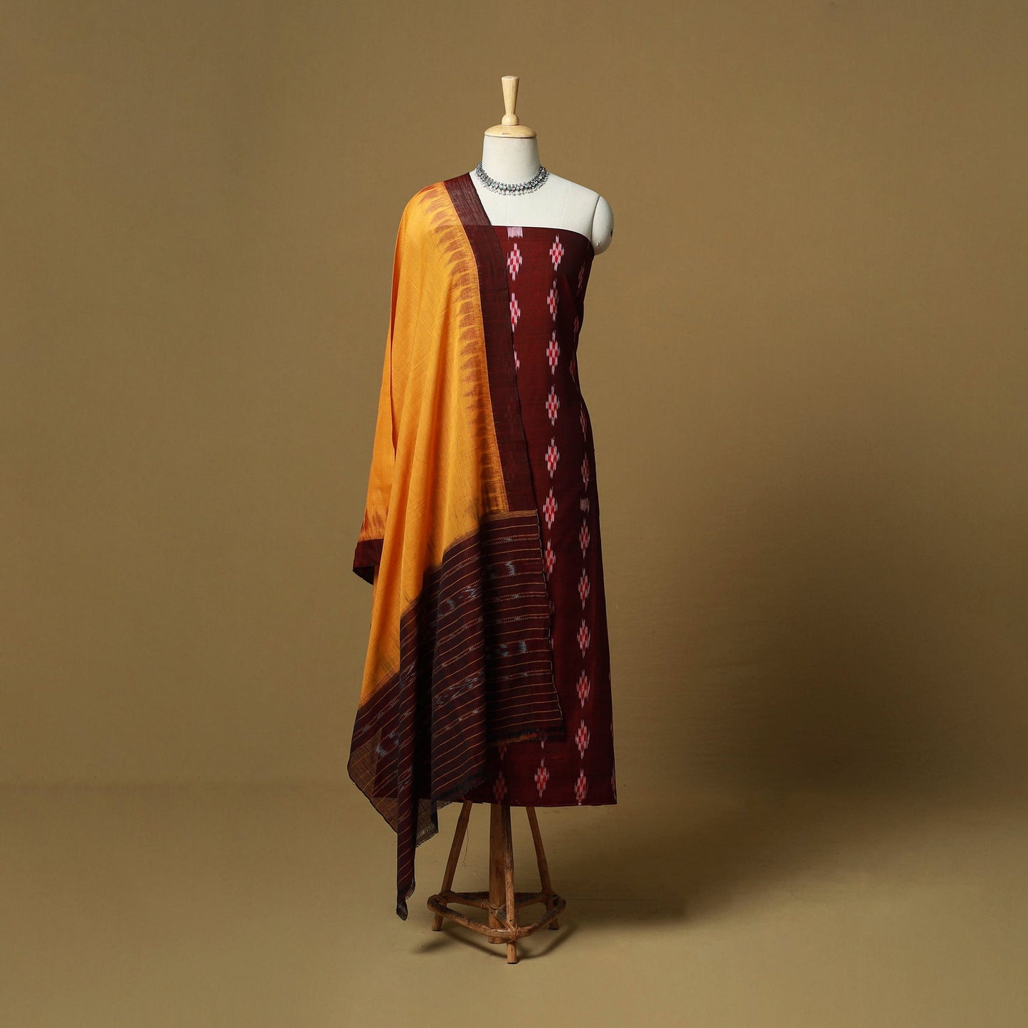 Maroon - sambalpuri ikat handloom cotton 3pc unstitched