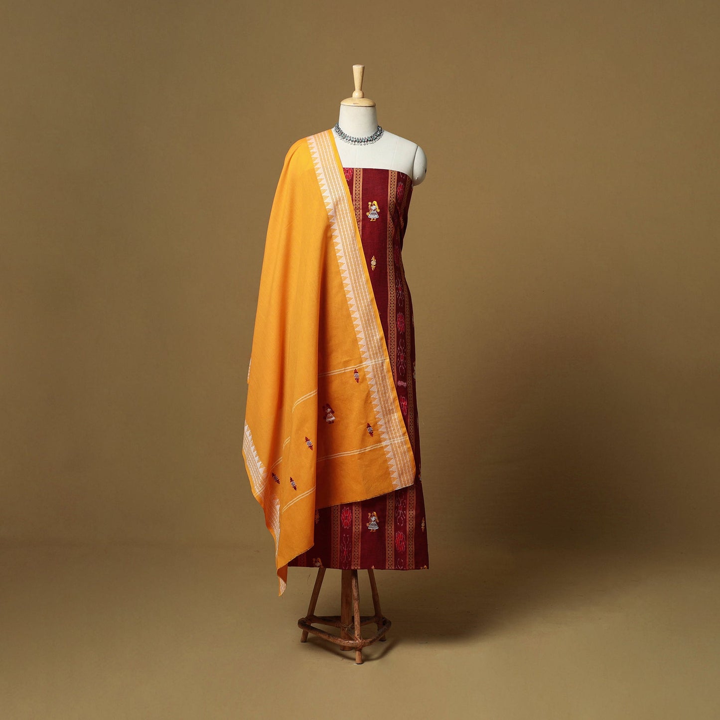 Maroon - sambalpuri ikat handloom cotton 3pc unstitched