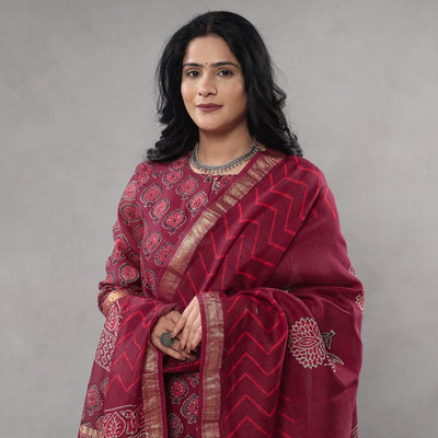 Buy Sanganeri Block Printing Maheshwari Silk Kurta with Palazzo & Dupatta Set Online l iTokri.com