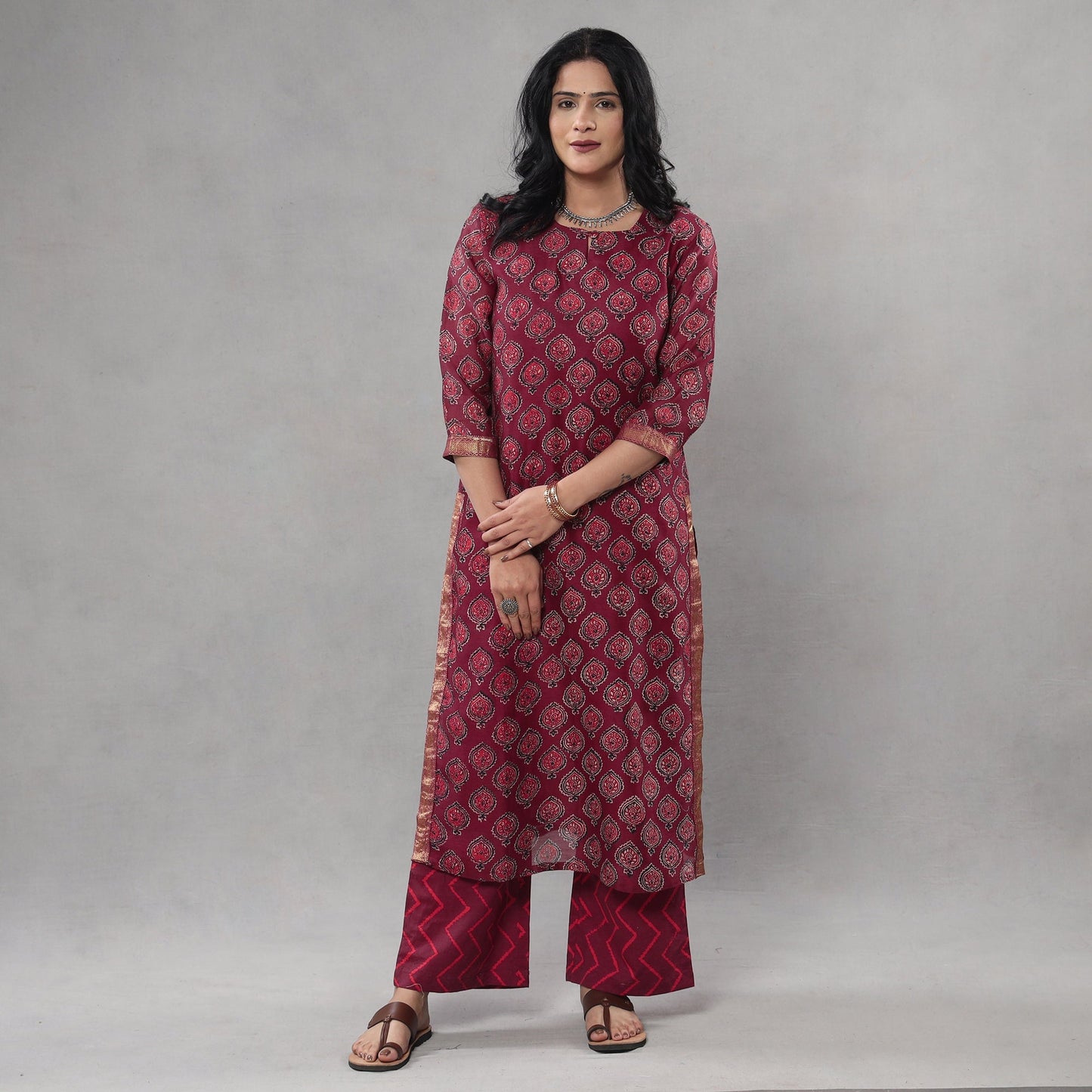 Buy Sanganeri Block Printing Maheshwari Silk Kurta with Palazzo & Dupatta Set Online l iTokri.com