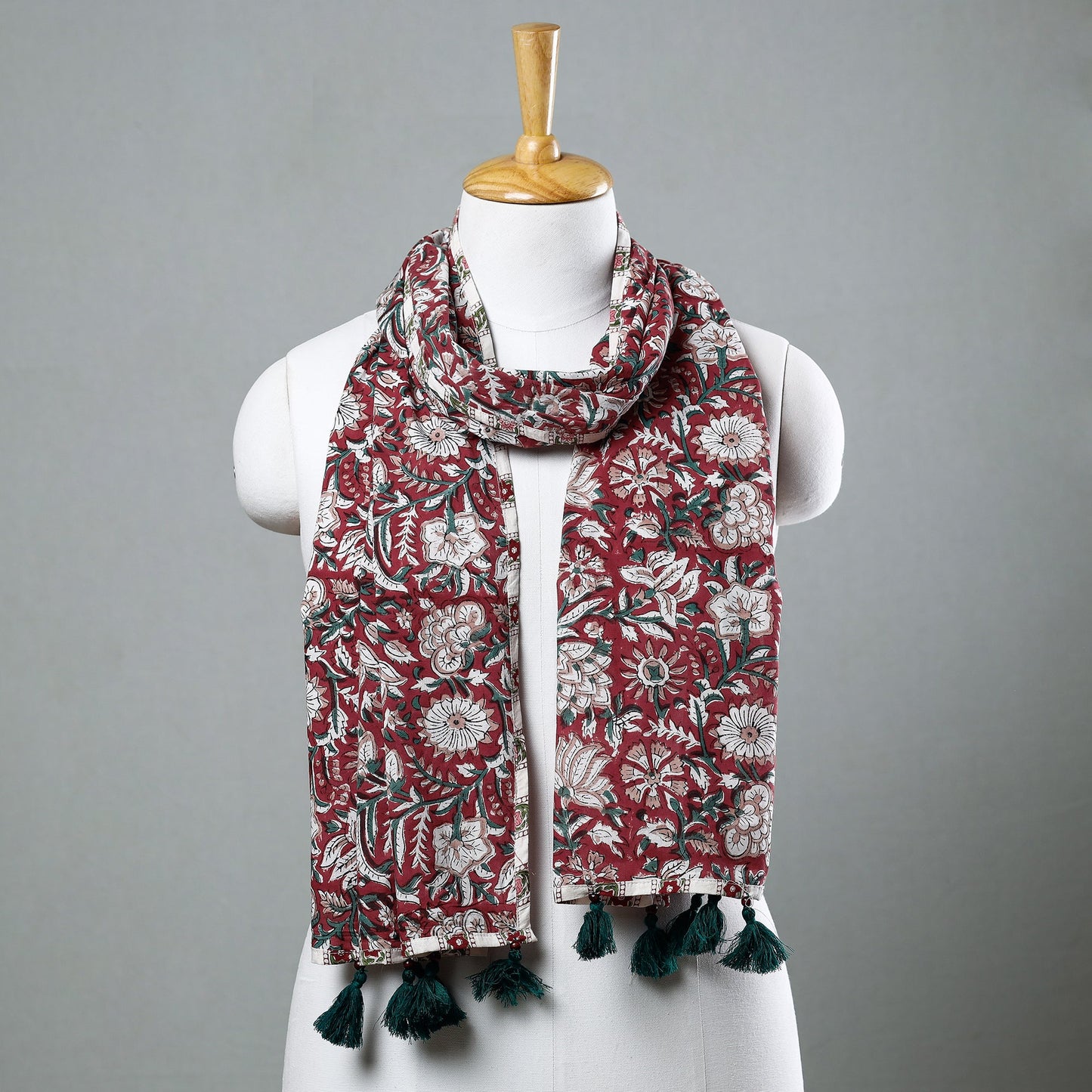  Sanganeri Block Printed Cotton Stole with Tassels 