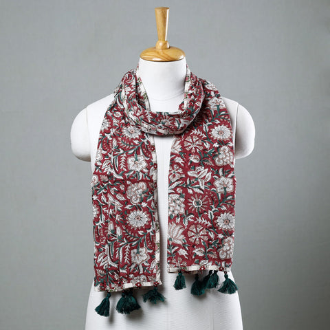  Sanganeri Block Printed Cotton Stole with Tassels 