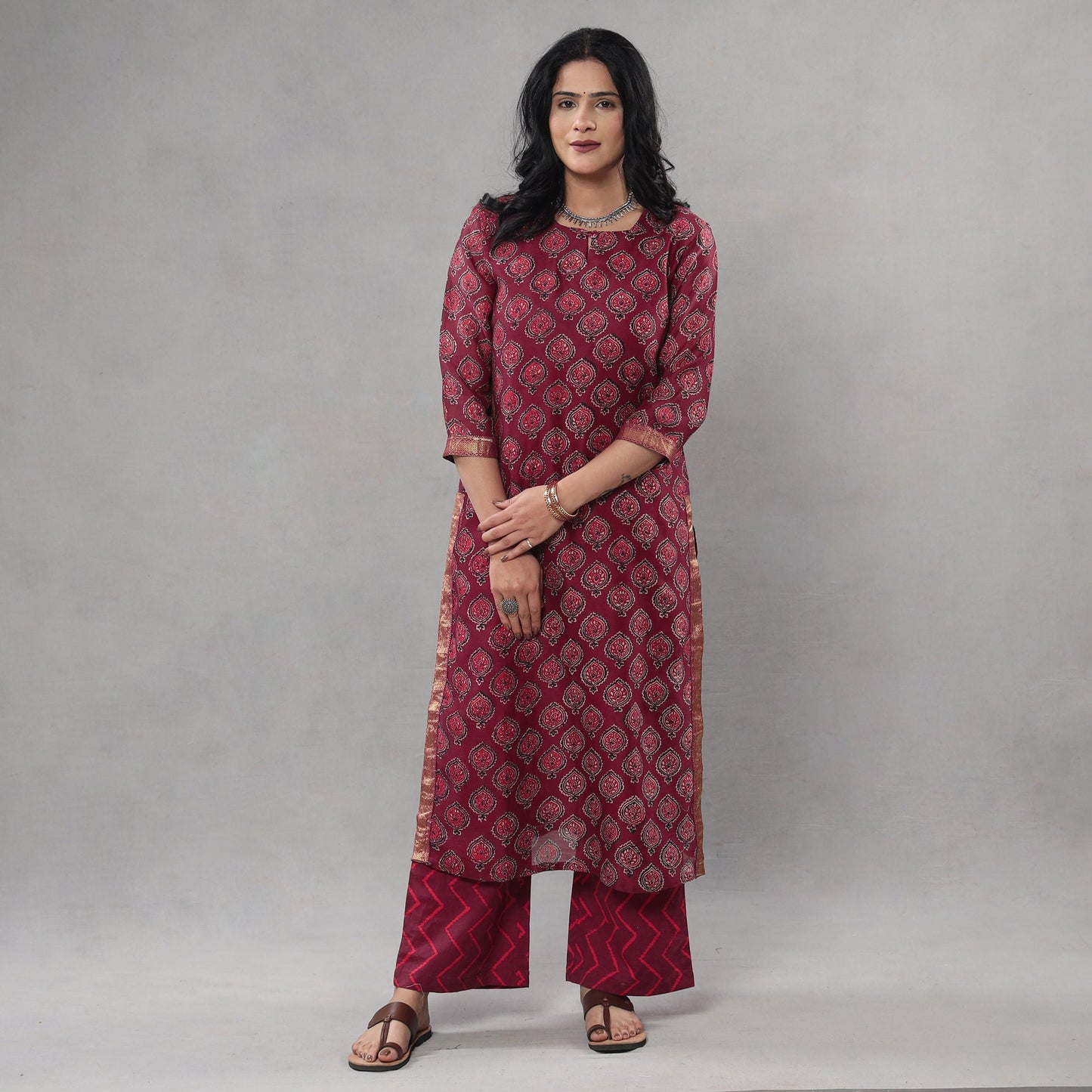 Buy Sanganeri Block Printing Maheshwari Silk Kurta with Palazzo & Dupatta Set Online l iTokri.com
