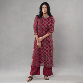 Buy Sanganeri Block Printing Maheshwari Silk Kurta with Palazzo & Dupatta Set Online l iTokri.com