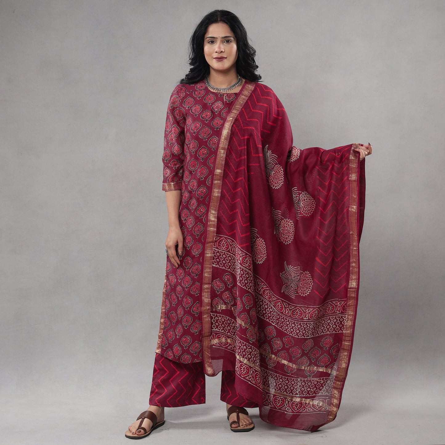 Buy Sanganeri Block Printing Maheshwari Silk Kurta with Palazzo & Dupatta Set Online l iTokri.com