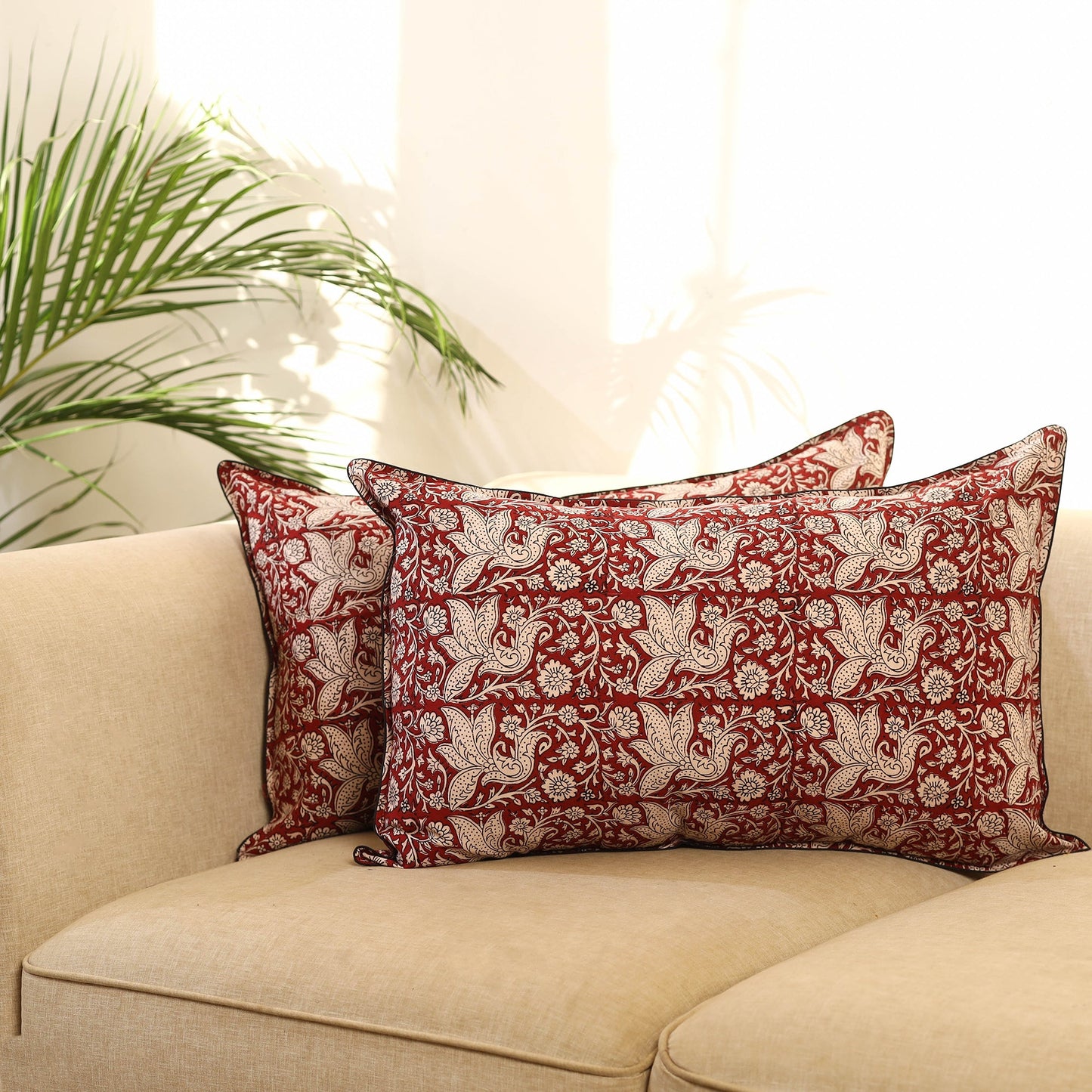 Buy Set of 2 Maroon Bagh Block Print Cotton Pillow Covers 
