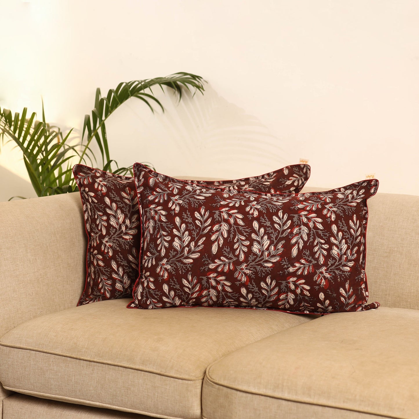 Maroon - set of 2 bagru hand pillow covers 10 - handcrafted