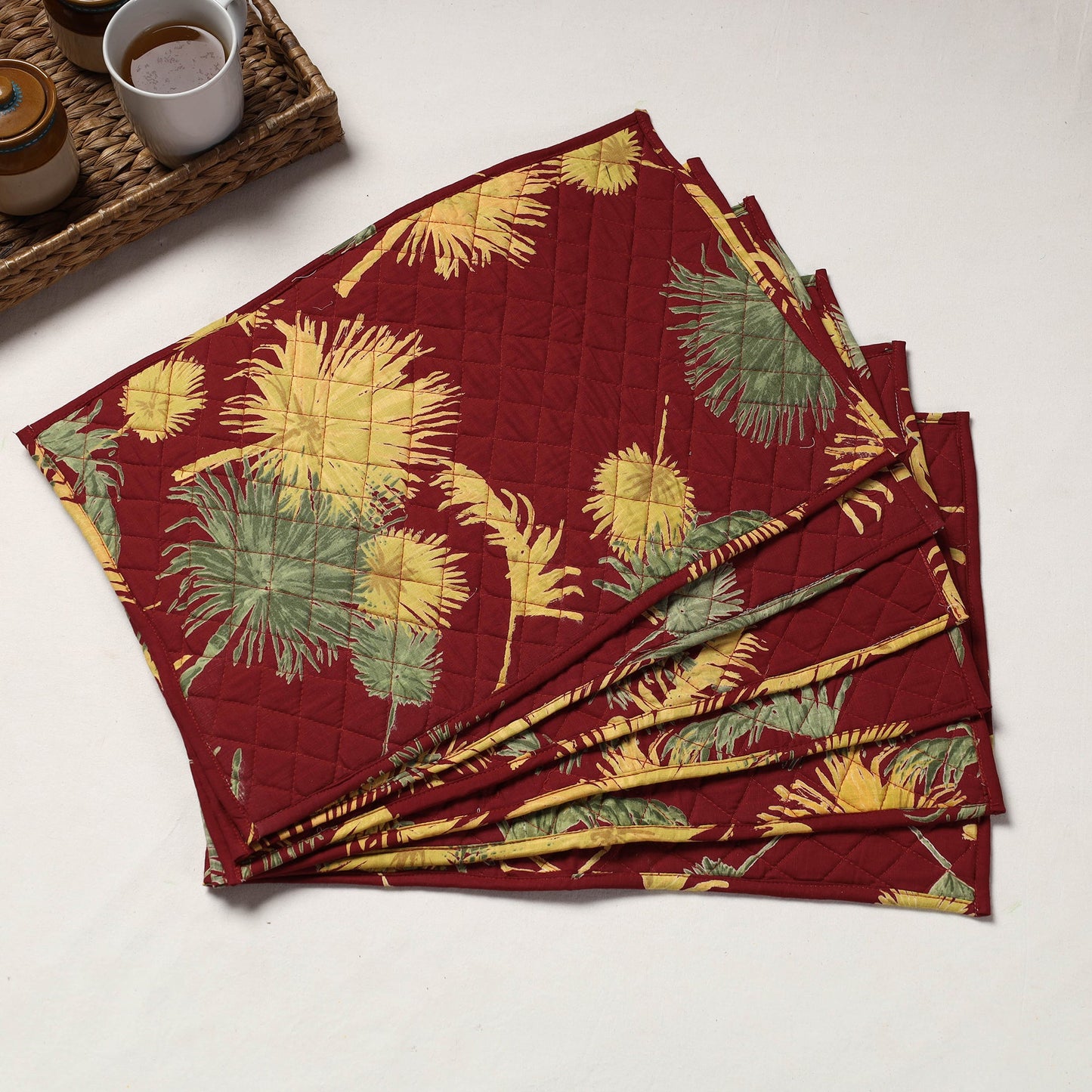 Maroon Set of 6 Handmade Cotton Fabric Quilted Table Mats by Chandi Mati