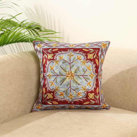 Maroon - silk thread crewel embroidery cushion cover (16 x