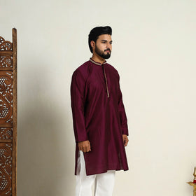 Buy Maroon Slub Silk Kurta for Men with Embellished Neckline Work