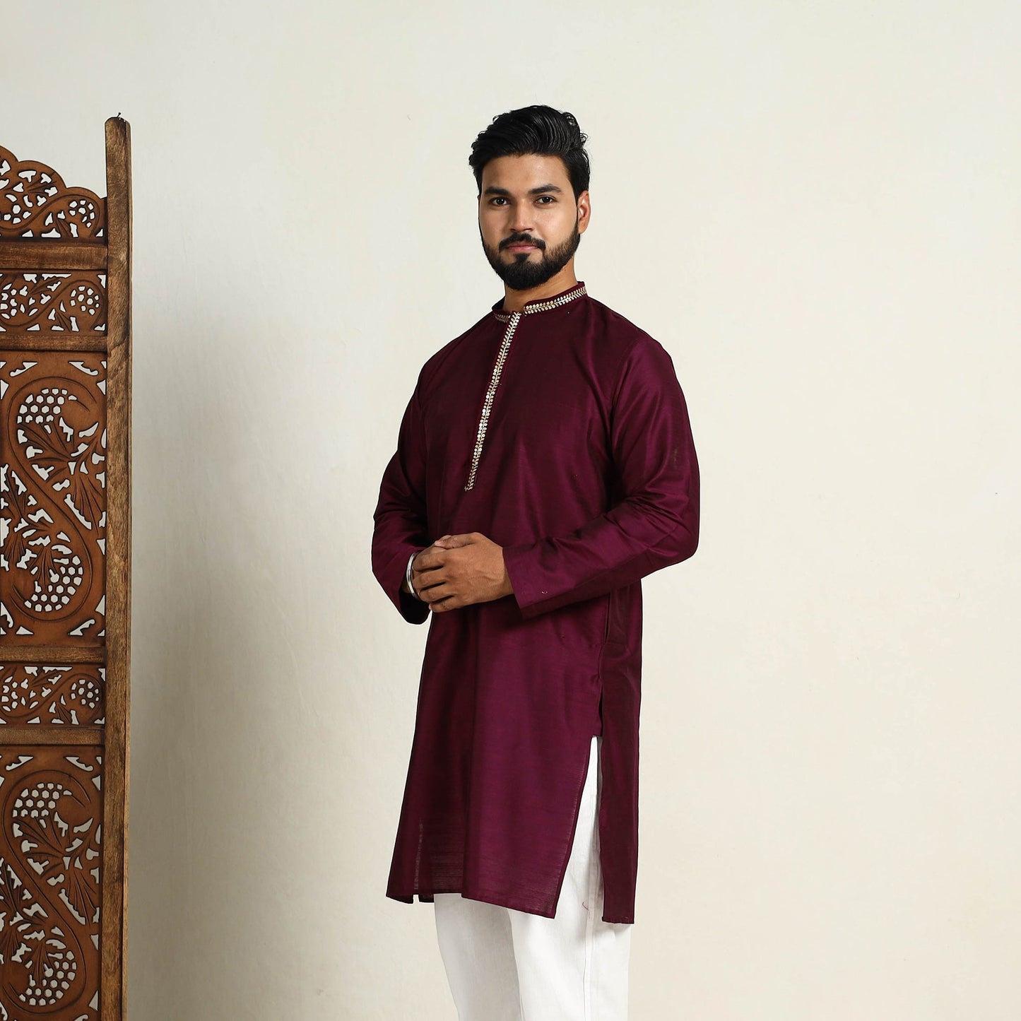 Buy Maroon Slub Silk Kurta for Men with Embellished Neckline Work