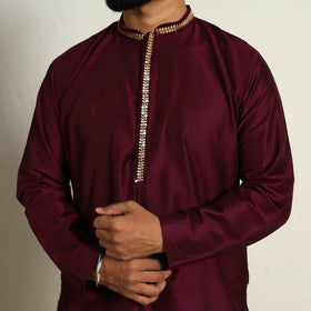 Buy Maroon Slub Silk Kurta for Men with Embellished Neckline Work