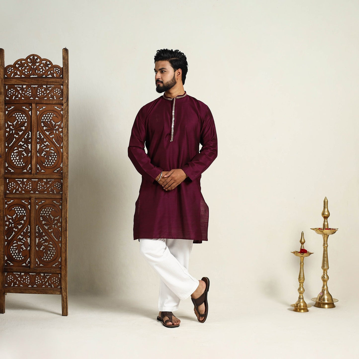 Buy Maroon Slub Silk Kurta for Men with Embellished Neckline Work